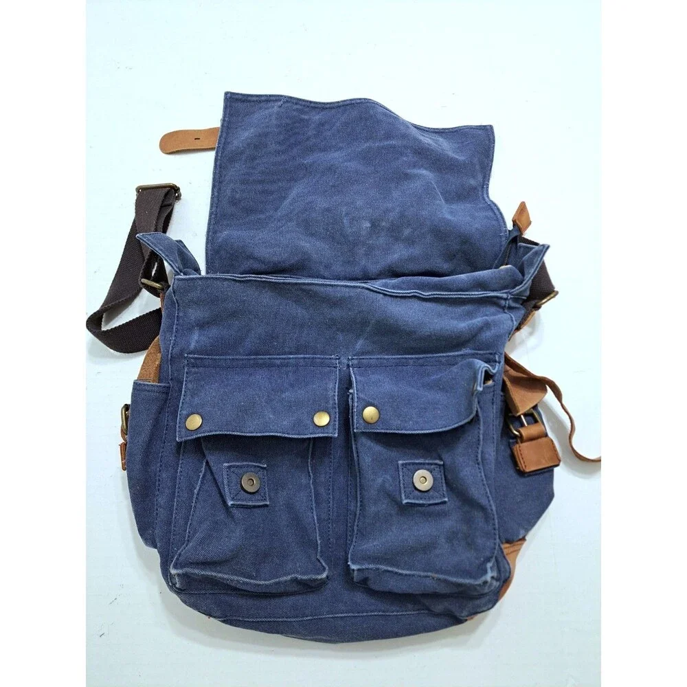 Kattee Military Messanger Bag Canvas Leather Shoulder Bag Camera Laptop Blue